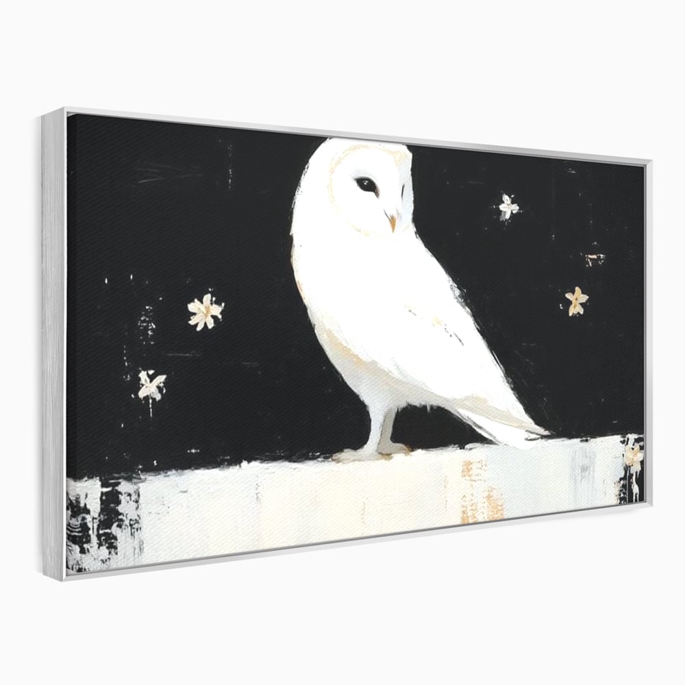 Tablou canvas cu tablou canvas cu bufnita alba, in rama de aluminiu argintiu